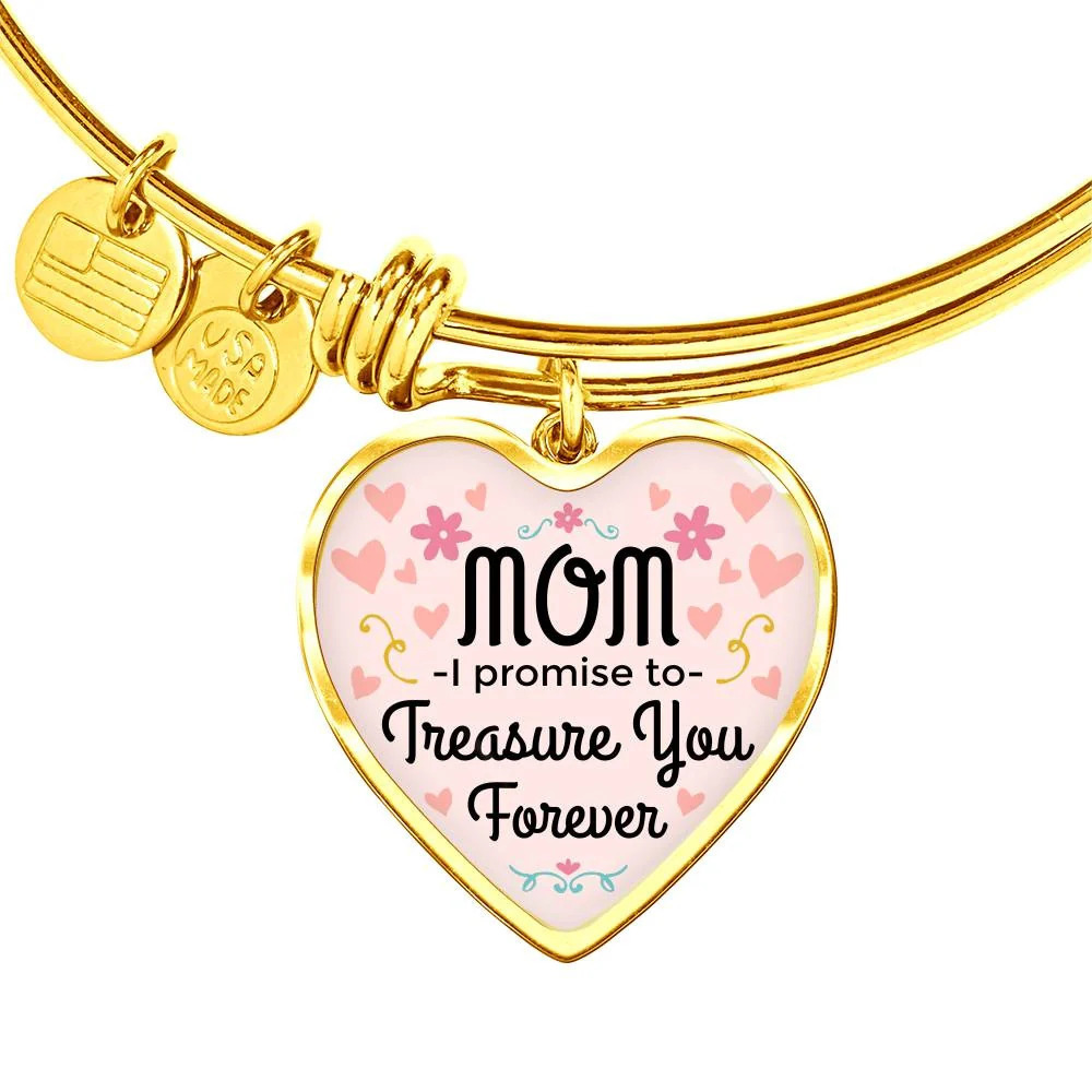 Mom I Promise To Treasure You Forever Personalized Engraved Gold Heart Bangle
